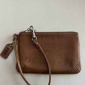Coach Tan Leather Wristlet with Silver Accents